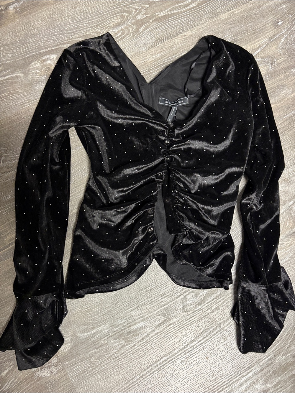 BCBGMaxAzria Black Velvet Rhinestone Ruched Button-Front Top